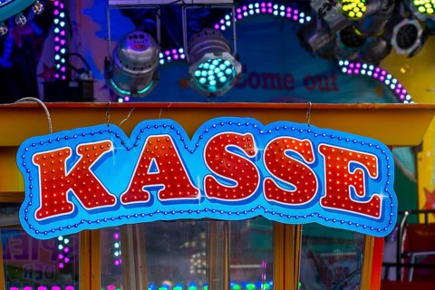Funfair, fairground, illuminated sign for the cash desk of a fairground ride