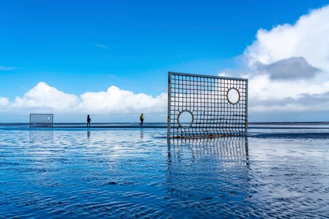 Football pitch, football field, Tor tor, on the beach, tidal creek, in the west of Borkum, island,