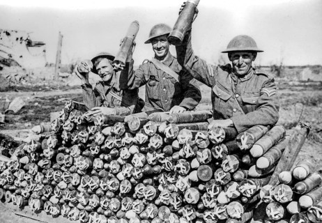 1917 British WWI artillery soldiers posing with field gun shells during World War One at Zillebeke,