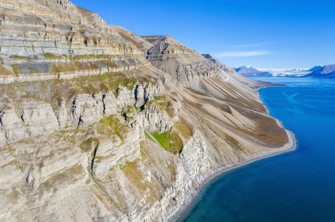 Aerial view over the mountains of Skansbukta in the outer Billefjorden, Billefjord, southeast of