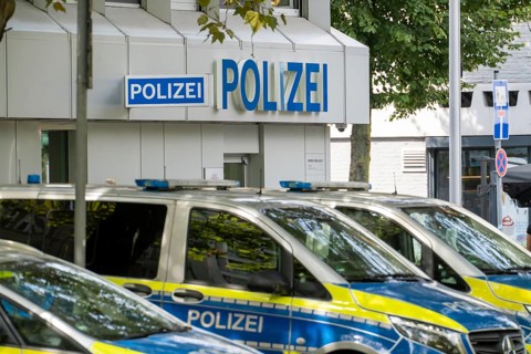 Police station, at Heinrich-Heine-Allee, old town police station, police vehicles, patrol cars, in