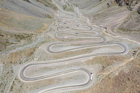 Mountain pass Los Caracoles, The Snails, road connecting Chile and Argentina, aerial view, Chile,