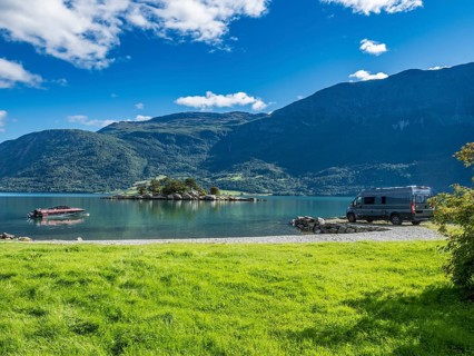 Campervan at the Sognefjord, island in the back, summer, Norway, Europe