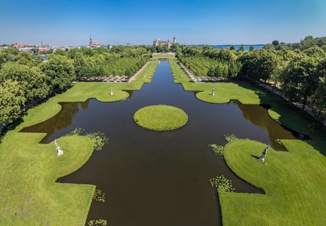 Panorama aerial view of castle Schwerin and castle grounds, Schwerin, Germany, Europe