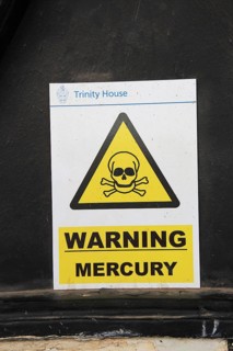 Orford Ness lighthouse Open Day, September 2017, Suffolk, England, UK, warning mercury sign