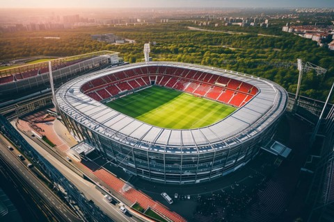 Aerial bird eye top view of a soccer football field stadium on sunset, AI generated
