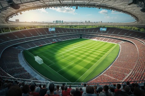 A soccer field with a large crowd of people spectators fans watching the game view. The stadium is