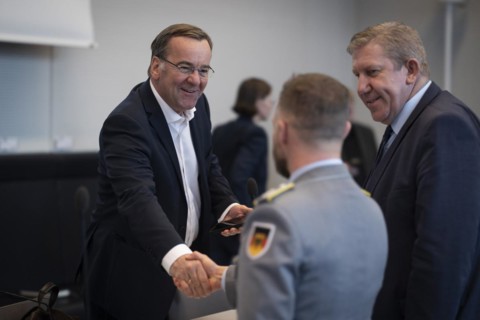 Boris Pistorius (SPD), Federal Minister of Defence greets a soldier, taken during the SPD