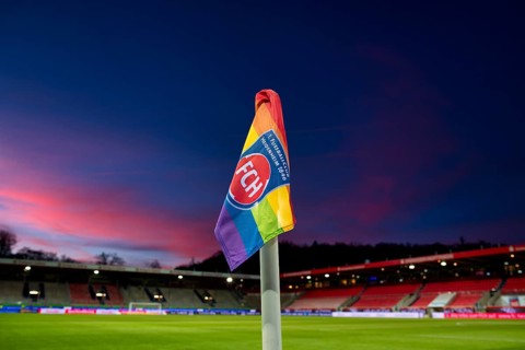 Stadium, interior, logo, 1. FC Heidenheim 1846, corner flag in LGBT colours Lesbian, Gay, Bisexual,