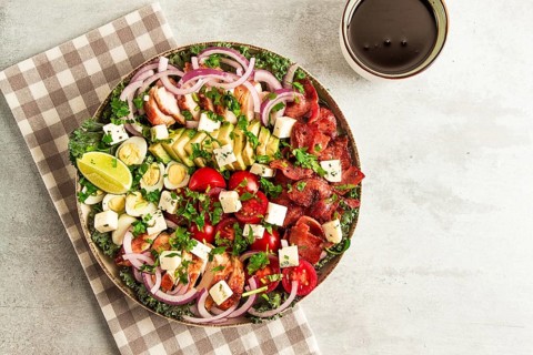 Cobb salad, keto food, top view, no people, close-up