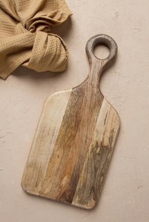 Cutting board, wooden, rectangular shape, with handle, with kitchen towel, top view, no people