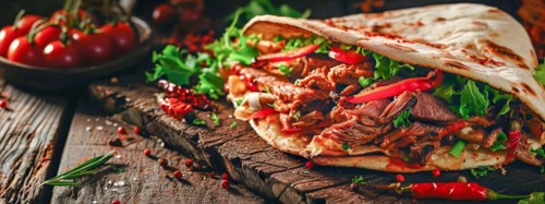 Fresh tasty beef burger wrap with onion, cheese and vegetables. Junk food and fast food concept, AI