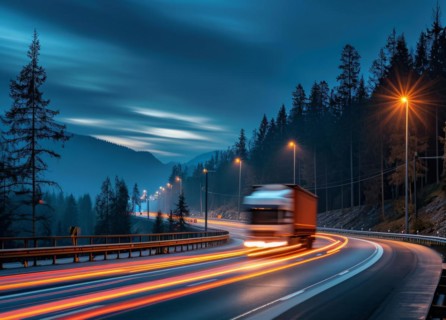 Long haul container truck carrying commercial cargo delivery between cities on a freeway, AI
