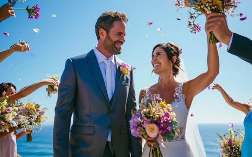 Outdoors luxury wedding and honeymoon time with bride and groom on the scenic beach ceremony, AI
