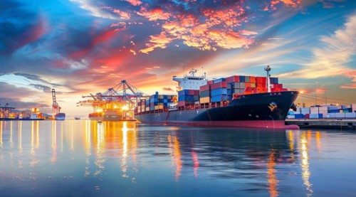 International container cargo ships docked in port near warehouse storage and cranes, AI generated