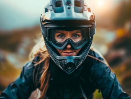 Yonge lady riding off-road mountain sport bike over extreme rough terrain, AI generated