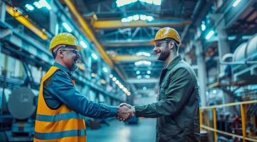 Engineer shakes hands with project manager in a modern factory, AI generated
