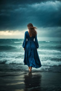 A depressed lonely woman is standing on an ocean shore wearing a blue dress, AI generated