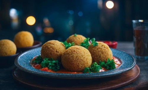 Middle eastern healthy plant-based falafel food, falafel balls lying on a plate, AI generated