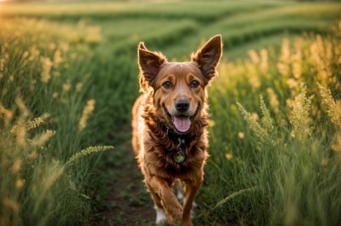 Playful dog puppy running in the field, AI generated