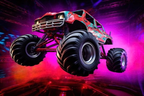 Monster truck with neon lighting, jumping off-road in cloud of dust. Excitement and thrill of an