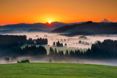View over the Rothenthurm high moor at sunrise in the canton of Schwyz, Switzerland, Europe