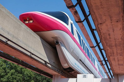Close up of the elevated electric monorail train in Walt Disney World, Orlando, Florida, USA,