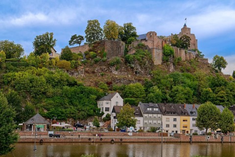 The archiepiscopal hilltop castle of Saarburg on a hill on the Saar. Saarburg,