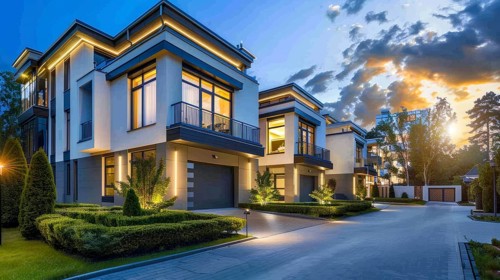 Luxury modern condo apartment complex exterior in upscale expensive neighborhood, AI generated