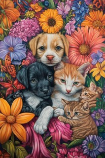 Puppies dogs and cats in a colorful flower setting, AI generated