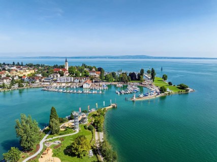 Harbour area, ferry port, yacht harbour, marina of Romanshorn with adventure playground on the