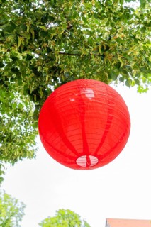 Close-up of a red lantern hanging from a tree in summer, Nagold, Black Forest, Germany, Europe