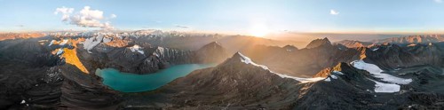 Evening mood, mountain panorama, aerial view, 4000 metre peak with glacier, mountain pass and