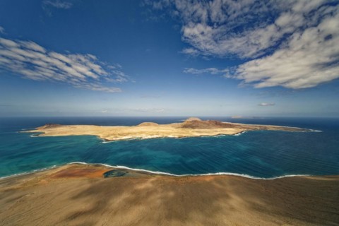 View from the Mirador del Río viewpoint, designed by artist César Manrique, of the island of La