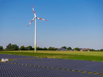 PV system in the solar park, wind turbine on the Swabian Alb. Neuselhalden wind farm near Steinheim