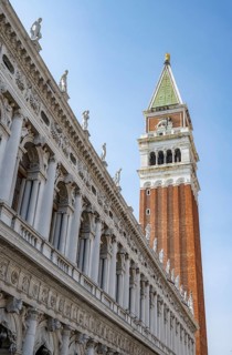 Arcades on St Mark's Square and Campanile, Venice, Veneto, Italy, Europe