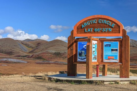 Sign, information board, Arctic Circle, autumn, sunny, Dempster Highway, Yukon, Canada, North
