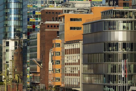 Ensemble of buildings along the Julo-Levin-Ufer in the Media Harbour, Düsseldorf, North