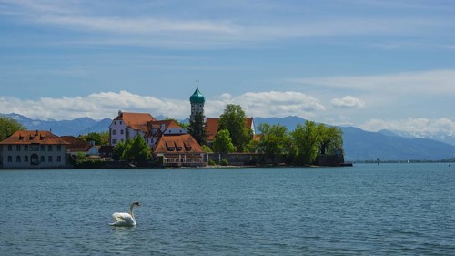 Baroque Church of St George and Castle, moated castle, Lake Constance, Bavaria, Germany, Europe