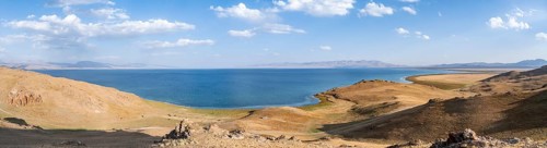 Panorama, mountain landscape with Lake Song Kul, Naryn region, Kyrgyzstan, Asia