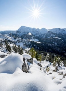 Snow-covered summit of the Jenner in autumn, view of mountain panorama with Hagengebirge,