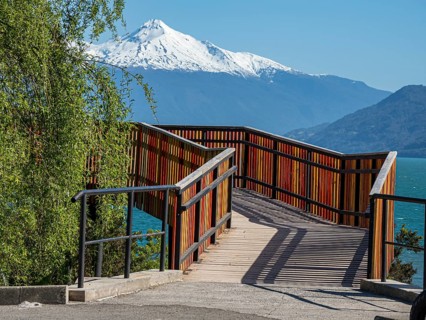 Viewpoint at the Reloncavi fjord southeast of Puerto Montt, volcano Yates, village Cochamo, voChile