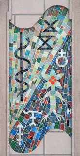 Modern mosaic picture with an Eskolab staff on the façade of a pharmacy, Bad Kissingen, Lower