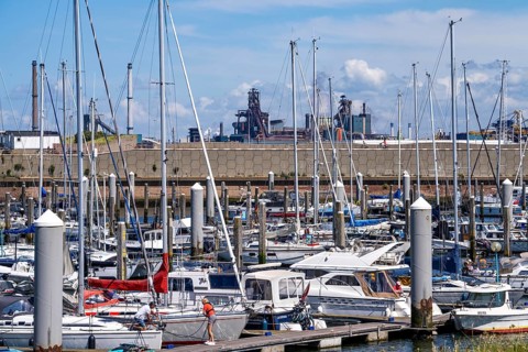 Seaport Marina IJmuiden, marina, sailing boats, yachts, behind the Tata Steel steel and smelting