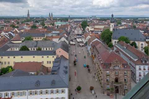 View of the rooftops of Speyer and Maximilianstraße, Speyer, Palatinate, Rhineland-Palatinate,