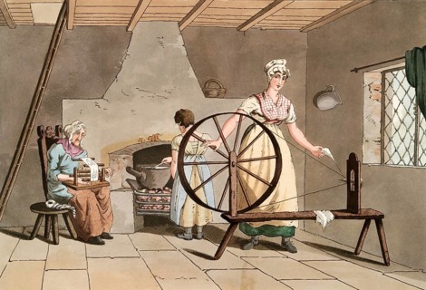 Scene from everyday life in England around 1810, woman at the spinning wheel