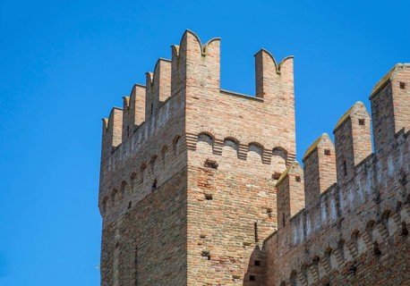 Tower on the defense wall of the medieval Gradara castle, Marche region, Italy, Europe