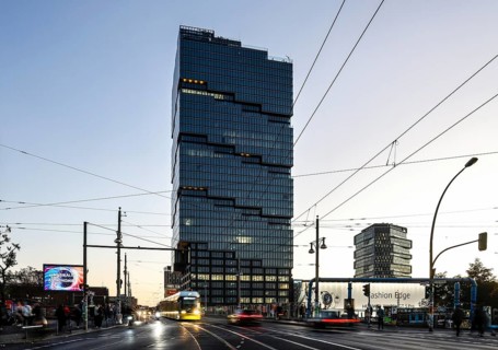 The 140 metre high Amazon office tower Edge East Side at Warschauer Brücke, at blue hour, Berlin,