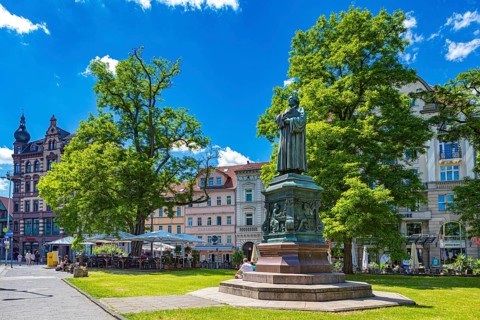 Luther monument on Karlsplatz square in Eisenach, Thuringia, Germany, Europe