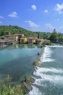 View of the village from the Visconti Bridge dating from 1395, Borghetto, Valeggio sul Mincio,